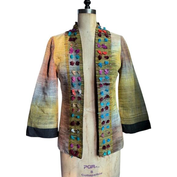 Artisan Jackets & Blazers - Vintage Hand-loomed silk jacket with multicolor tufted trim detailing XS